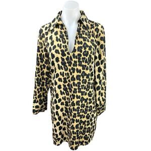 Zara Multicolor Leopard Animal Print V-neck Long Sleeve Collar Shirt Dress Sz S